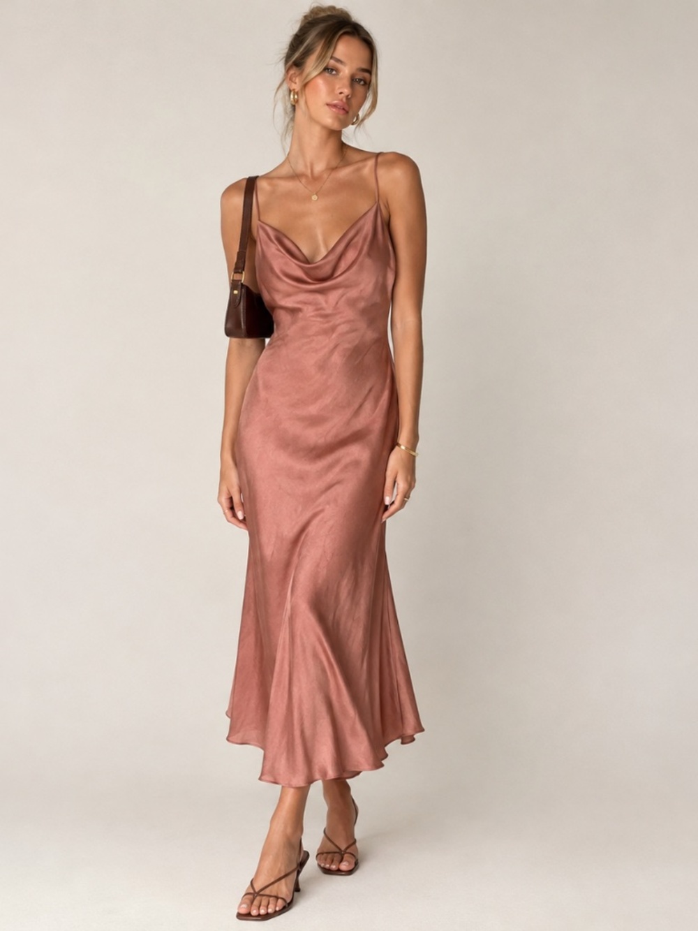 NWT WAYF The Beverly Cowl Neck Satin Midi Slip Dress Rose Pink Sz M Trendy